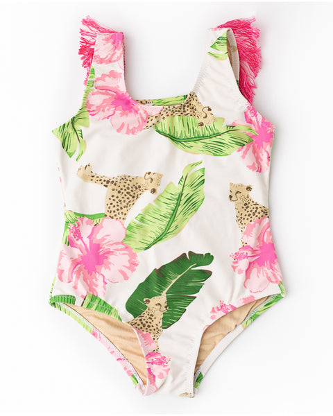 Botanical Leaves Fringe Back One Piece Swimsuit