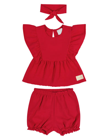 Woven Red Blouse & Shorts Set with Headband