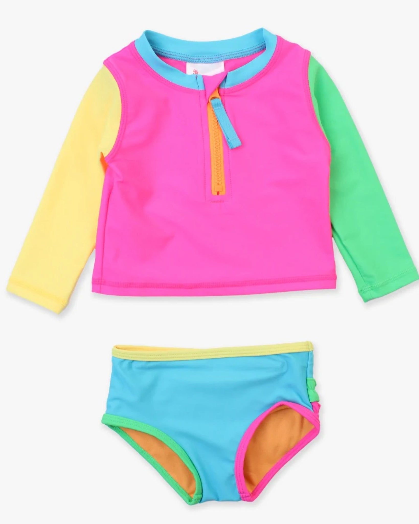 Neon Color Block Long Sleeve Zipper Rash Guard Bikini