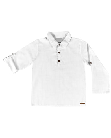 White Linen Button-Tab Sleeve Shirt