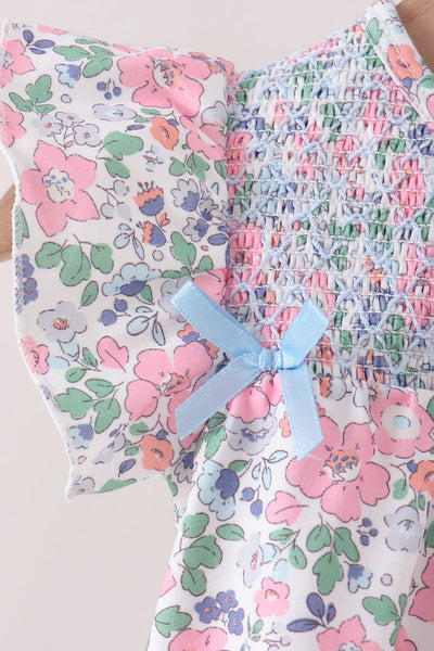 Blue Floral Smocked Bubble Romper