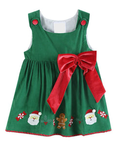 Green Corduroy Big Bow Christmas Dress