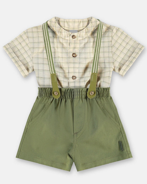 Green Woven Suspender Set: 6-9m