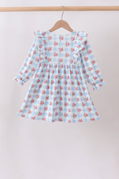 Blue Floral Check Ruffle Dress