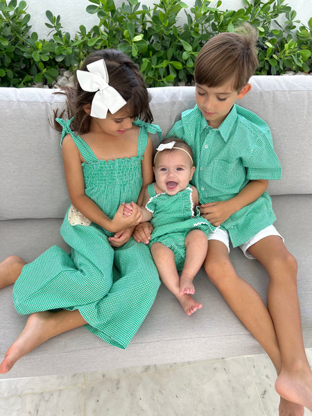 Green Mini Check Smocked Jumpsuit