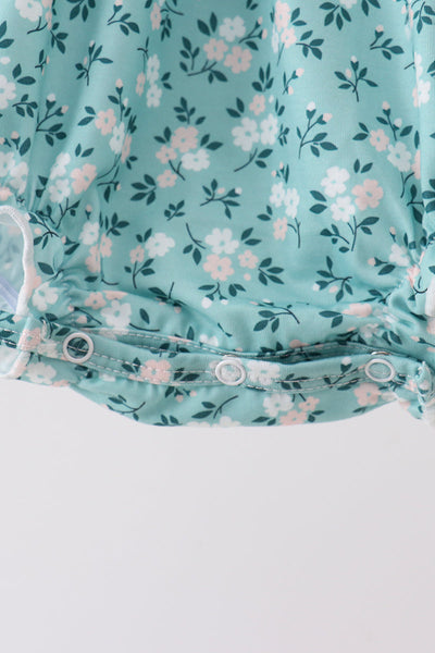Teal Floral Smocked Ruffle Bubble Romper