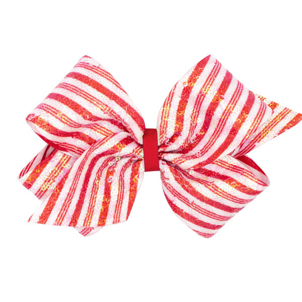 Sequined Hair Bow with Red and White Stripes (Medium & King)