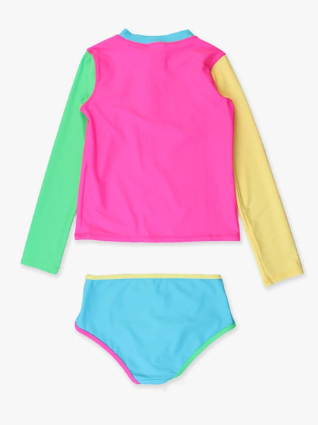 Neon Color Block Long Sleeve Zipper Rash Guard Bikini (Pre - Teen)