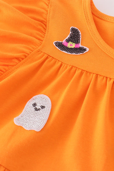 Orange Trick or Treat Sequin Tiered Ruffle Dress: 2T & 5T