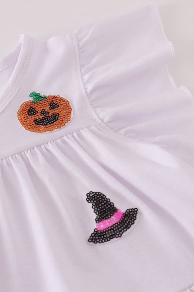 White Trick or Treat Sequin Tiered Ruffle Dress: 8Y