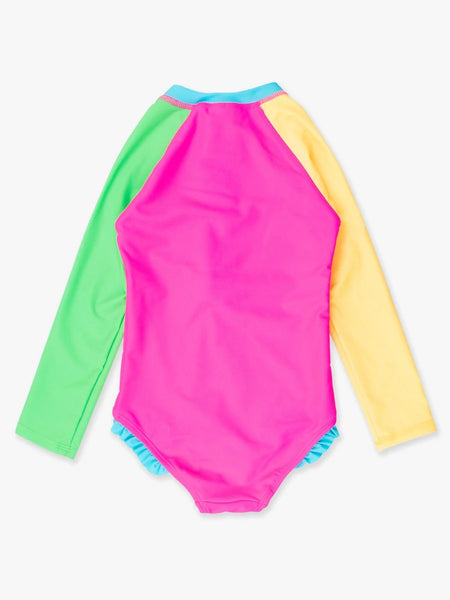 Neon Color Block Long Sleeve Rash Guard Swimsuit