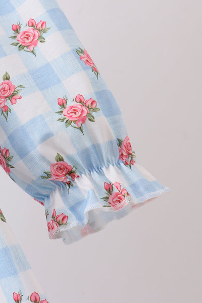 Blue Floral Check Ruffle Dress