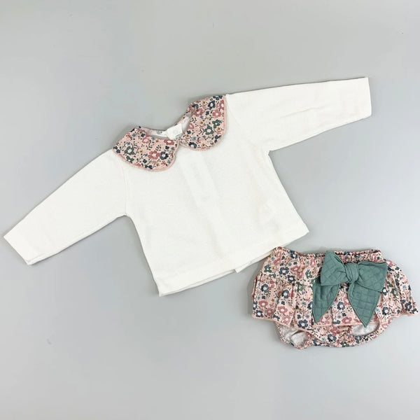 Pink & Sage Floral Collar Skirt Set