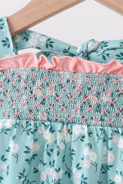 Teal Floral Smocked Ruffle Bubble Romper
