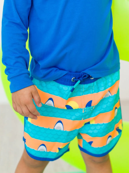 Neon Blue Shark & Stripes Swim Trunk