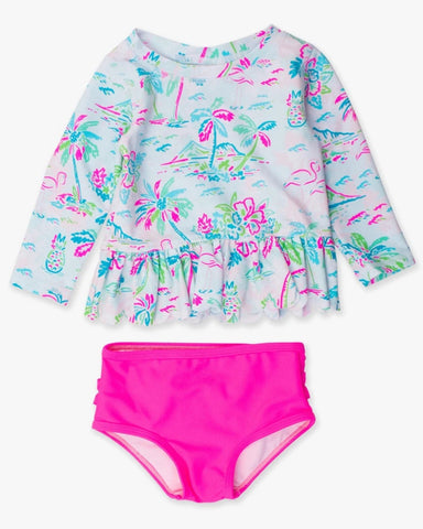 Tropical Resort Scalloped Rash Guard Bikini