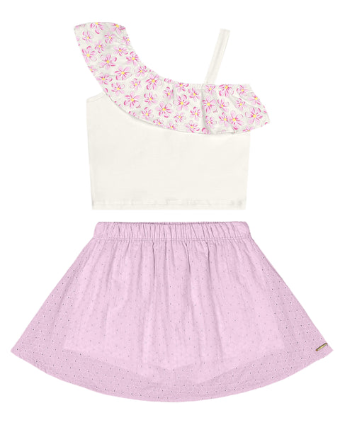 One Shoulder Floral Eyelet Set