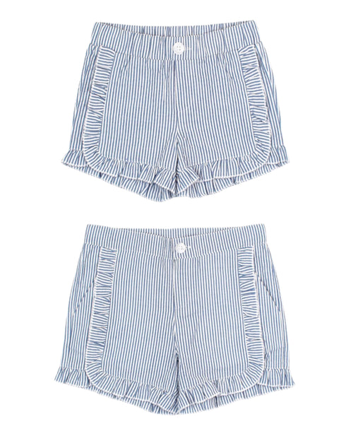 Blue Seersucker Ruffle Trim Woven Shorts