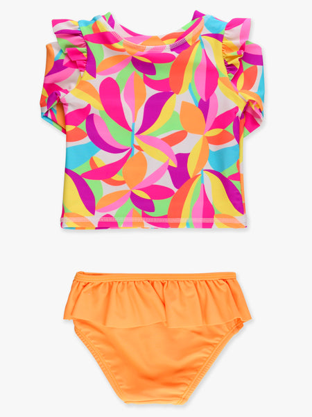 Neon Tropical Rash Guard Skirted 2-Piece Swimsuit