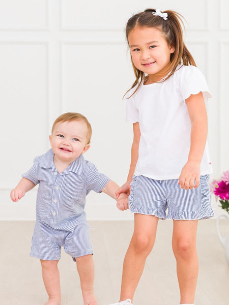 Blue Seersucker Ruffle Trim Woven Shorts