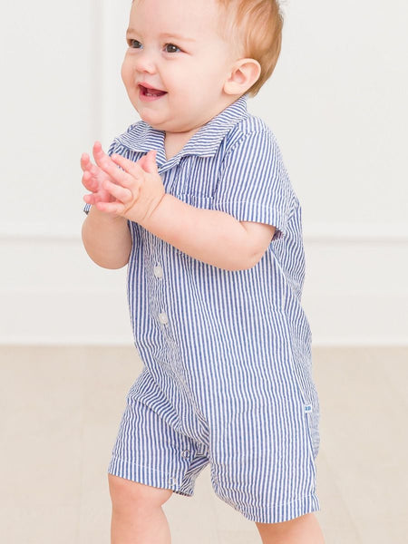 Blue Seersucker Button-Up Romper
