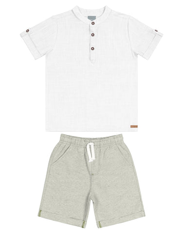 White Woven Shirt & Bermuda Set
