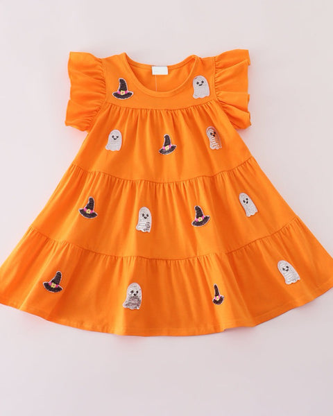 Orange Trick or Treat Sequin Tiered Ruffle Dress: 2T & 5T
