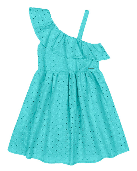 Aqua One Shoulder Eyelet Dress: 4T & 8Y