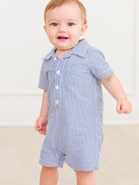 Blue Seersucker Button-Up Romper
