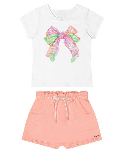 Rhinestones Bow Pink Coral Skort Set