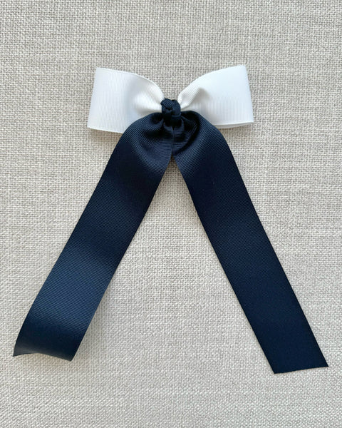 Two Tone White & Navy Hair Bowtie with Streamer Tail