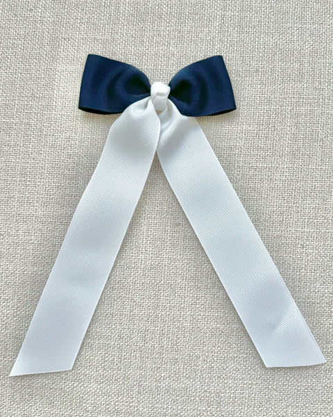 Two Tone White & Navy Hair Bowtie with Streamer Tail