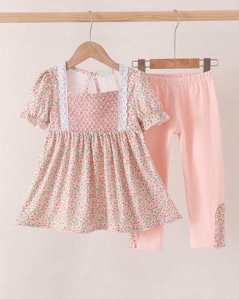 Floral Smocked Lace Pants Set