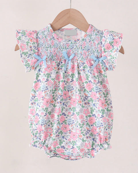 Blue Floral Smocked Bubble Romper