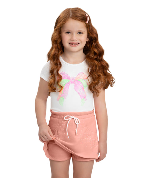 Rhinestones Bow Pink Coral Skort Set