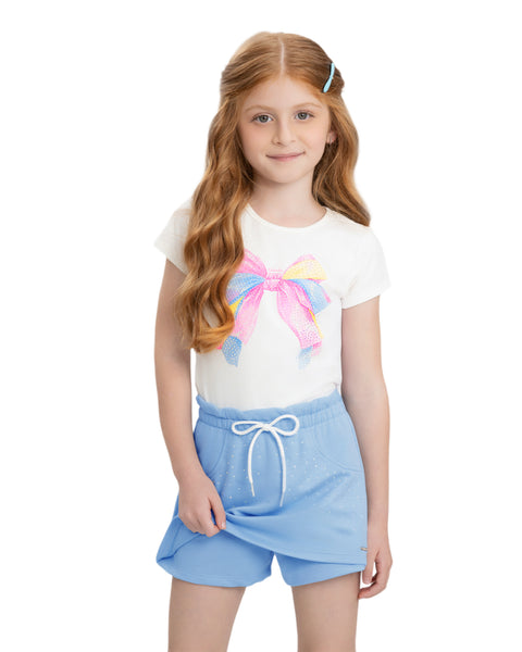 Rhinestones Bow Light Blue Skort Set