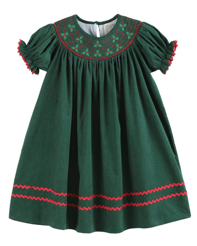 Green Christmas Mistletoe Smocked Bishop Dress