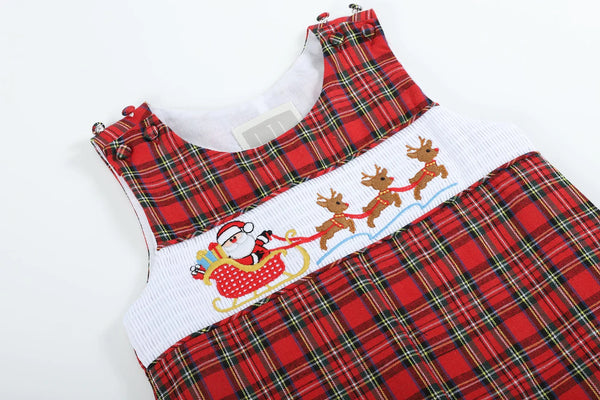 Red Plaid Santa Sleigh Smocked Overall: 2T