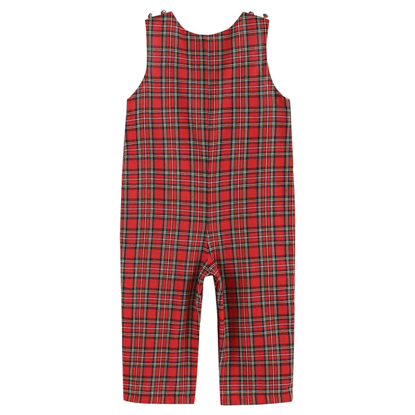 Red Plaid Santa Sleigh Smocked Overall: 2T