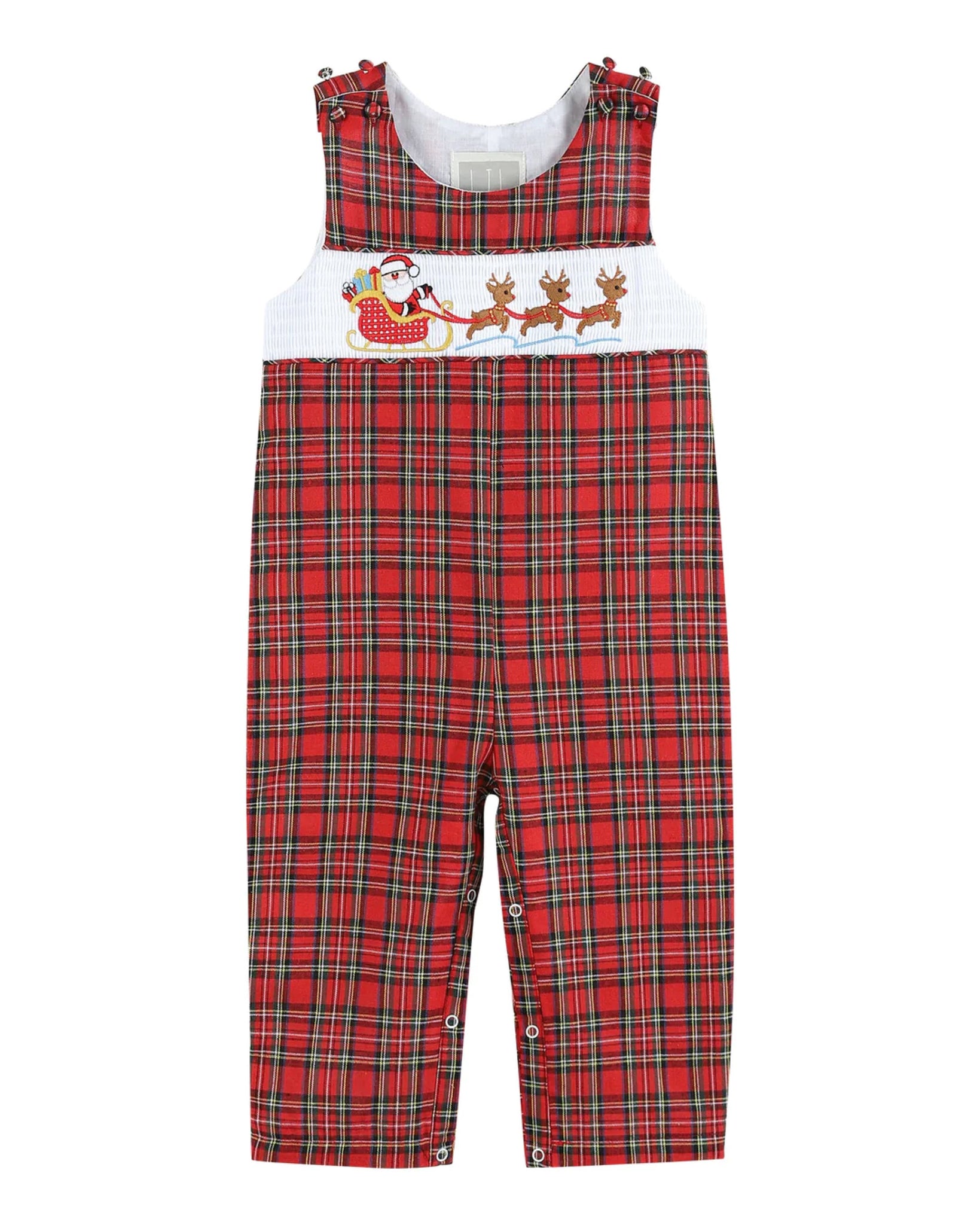 Red Plaid Santa Sleigh Smocked Overall: 2T