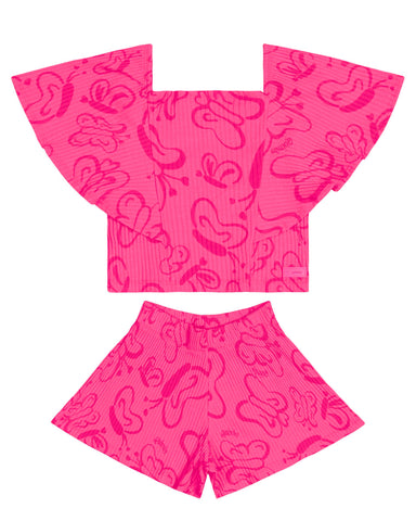 Fuchsia Butterfly Ribbed Top & Shorts