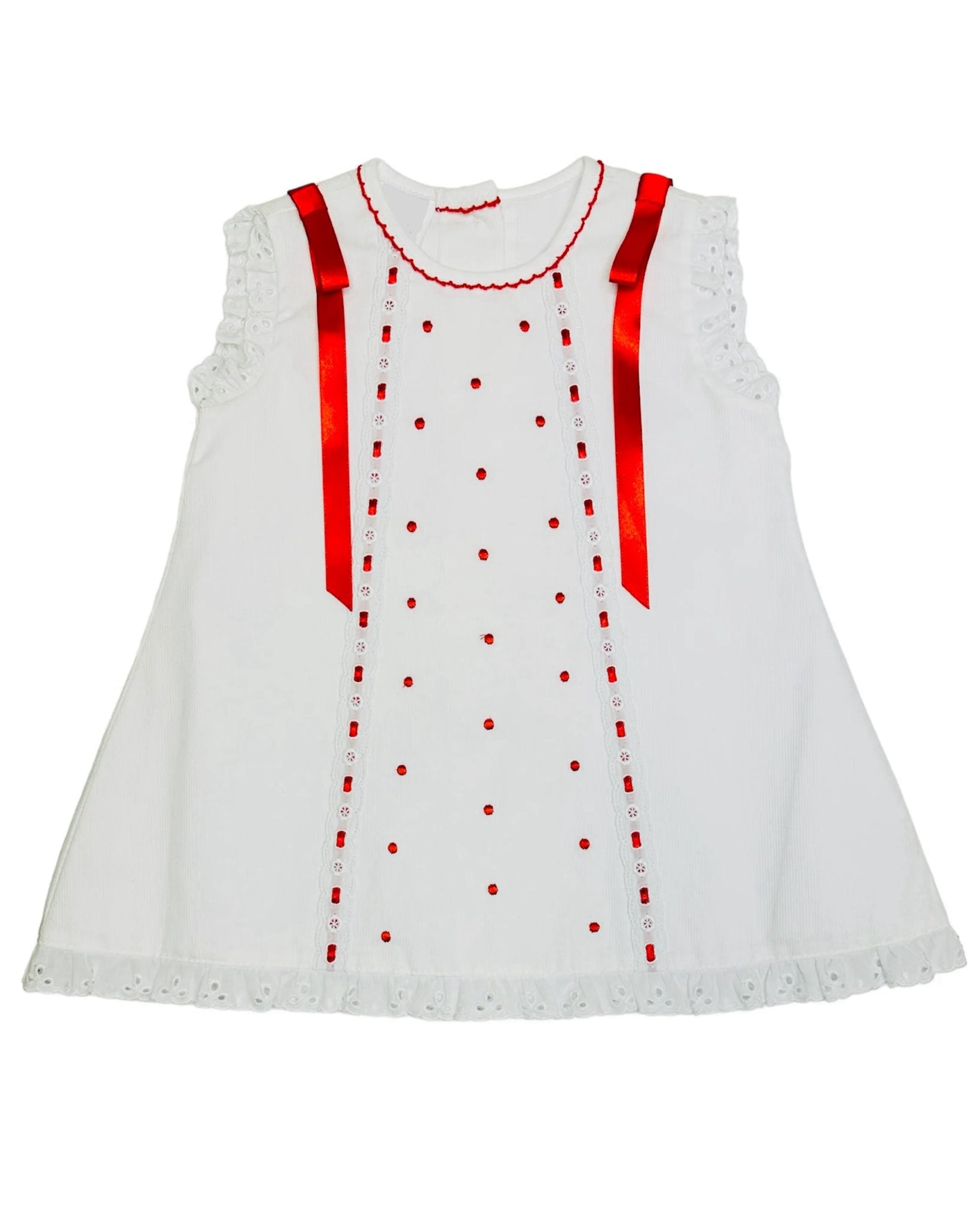 White pique dress with red details