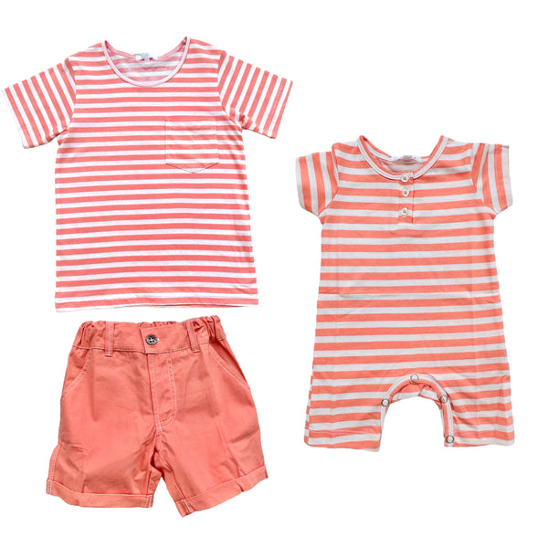 Light Coral Stripe Boy Romper