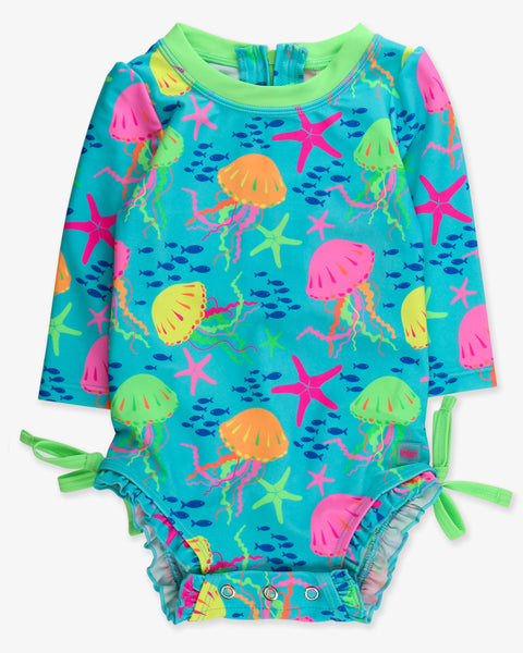 Neon Jellyfish & Starfish Long Sleeve One Piece Rash Guard