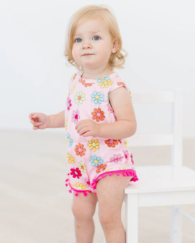 Colorful Daisies Pom Pom Romper: 12-24m