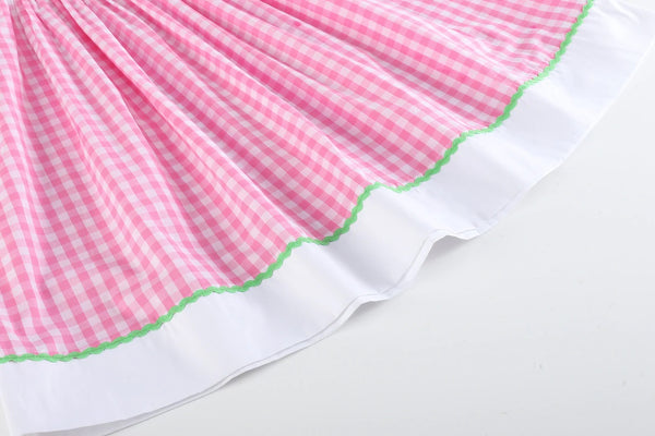 Pink Gingham Embroidery Flower Dress