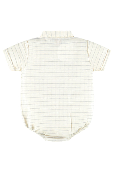 Woven Natural Button-Up Bodysuit with Grey Stripes