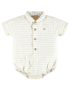 Woven Natural Button-Up Bodysuit with Grey Stripes