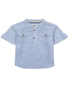 Striped Linen Mandarin Collar Shirt: 5-6Y