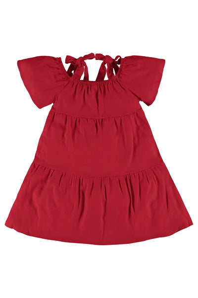 Red Linen Cold Shoulder Dress